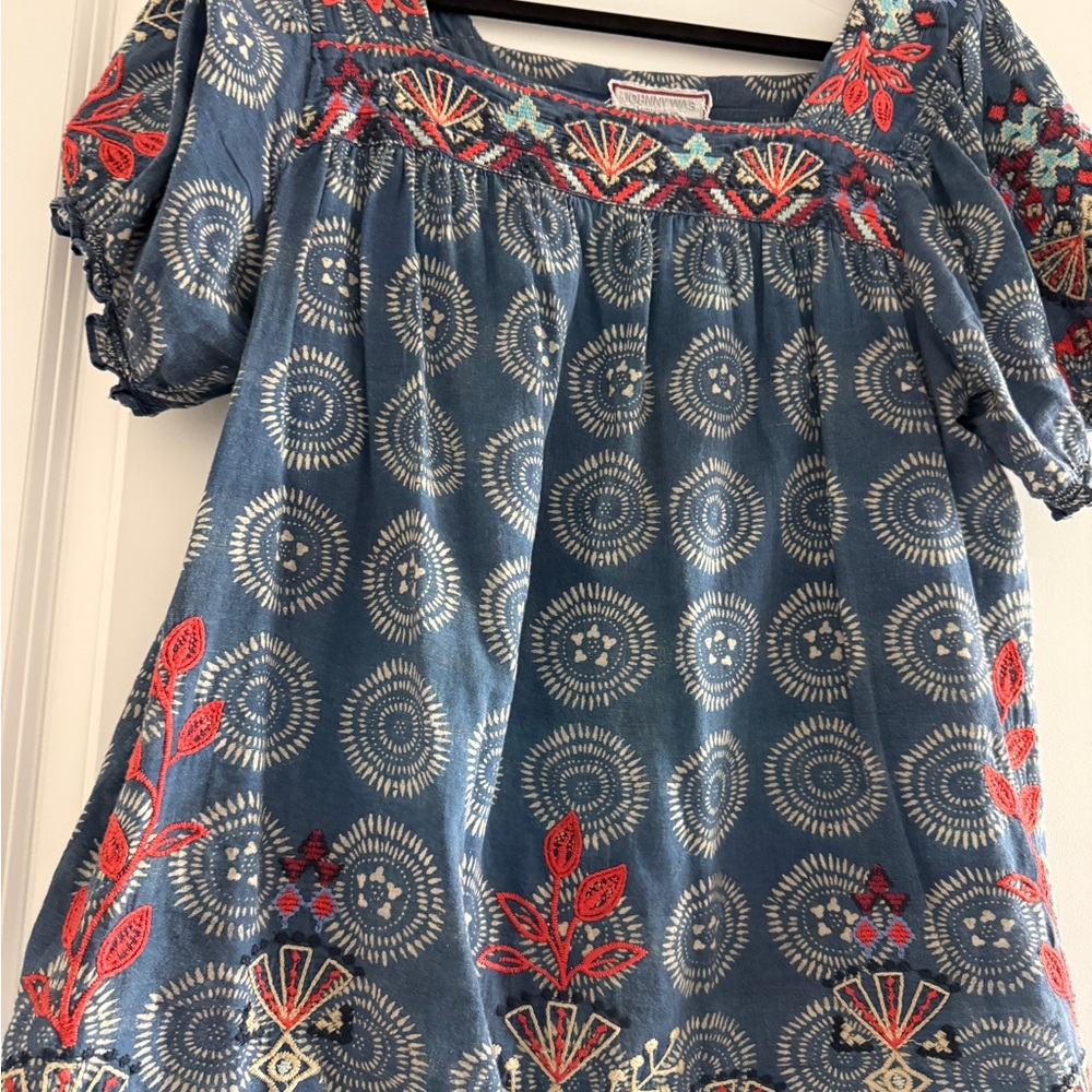 Johnny Was Blue Peasant Blouse with Red-Orange Embroidery - Picture 3 of 6